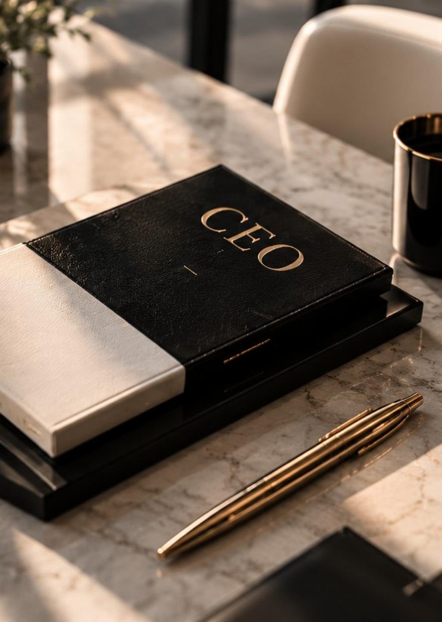 A black CEO notebook and gold pen on a marble table