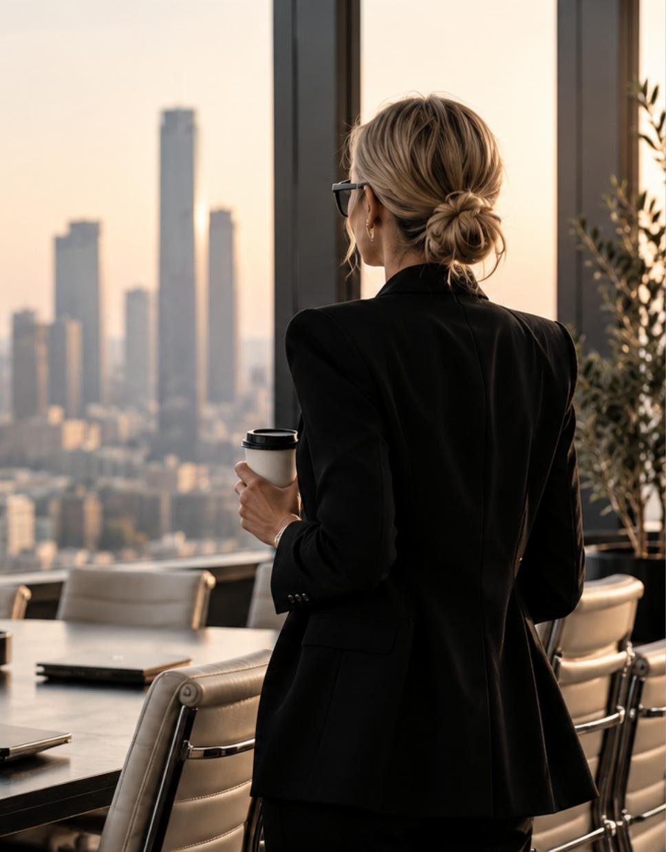 A woman executive looking out over the city