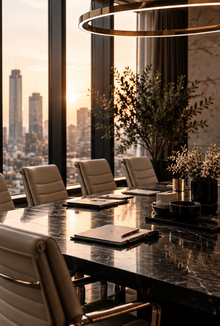 An empty boardroom table at sunset